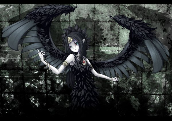 Anime picture 1758x1242 with yu-gi-oh! fabled grimro shintani tsushiya single long hair highres black hair green eyes pointy ears black wings girl wings bracelet feather (feathers)