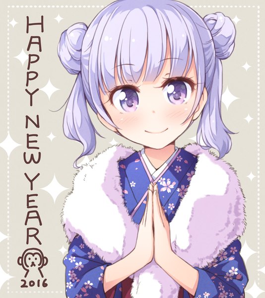 Anime picture 890x1000 with new game! doga kobo suzukaze aoba tokunou shoutarou single tall image looking at viewer blush fringe short hair smile twintails purple eyes purple hair blunt bangs traditional clothes japanese clothes grey background official art sparkle