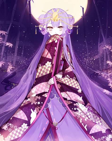 Anime picture 1500x1889 with original juexing (moemoe3345) single tall image purple hair very long hair traditional clothes japanese clothes hair flower night hair bun (hair buns) covered mouth silver eyes seigaiha yagasuri girl hair ornament flower (flowers) plant (plants) earrings