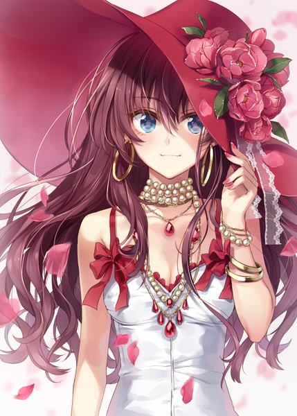 Anime picture 643x900 with idolmaster idolmaster cinderella girls ichinose shiki hagiwara rin single long hair tall image looking at viewer blush fringe blue eyes hair between eyes brown hair signed cleavage upper body nail polish light smile twitter username shaded face