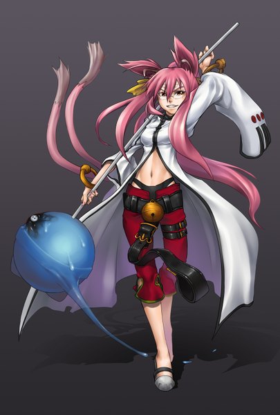 Anime picture 1000x1481 with blazblue kokonoe yorisuke (artist) single long hair tall image fringe breasts open mouth smile standing holding animal ears pink hair ponytail animal tail pink eyes cat ears teeth shadow
