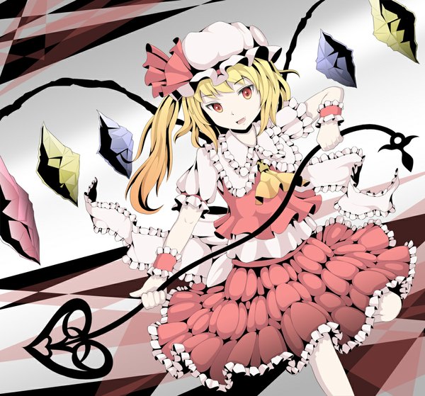 Anime picture 1000x933 with touhou flandre scarlet hebitsukai single looking at viewer short hair open mouth blonde hair red eyes girl dress skirt weapon wings frills bonnet skirt set crystal laevatein (touhou)