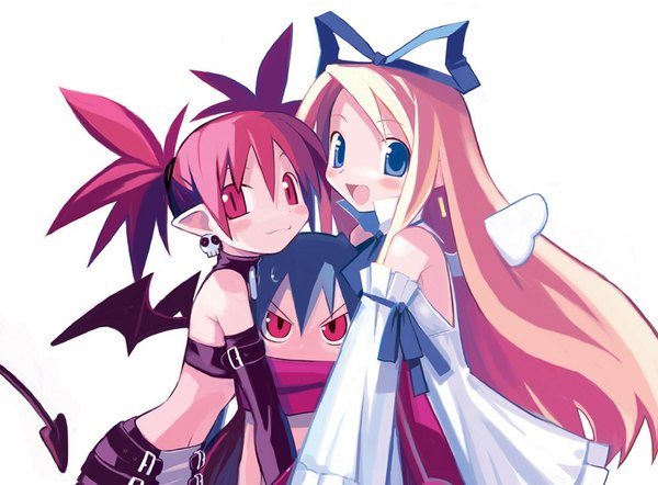 Anime picture 1086x800 with disgaea etna (disgaea) flonne laharl long hair looking at viewer blush short hair open mouth blue eyes blonde hair red eyes white background twintails multiple girls blue hair red hair tail :d short twintails