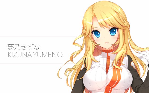 Anime picture 2560x1600 with mirai millenium yumeno kizuna shirahane nao single long hair looking at viewer highres blue eyes blonde hair white background inscription girl