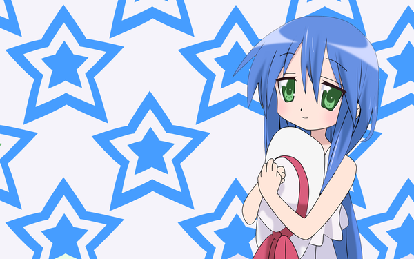 Anime picture 1920x1200 with lucky star kyoto animation izumi konata single long hair highres smile wide image bare shoulders green eyes blue hair hug vector hat removed headwear removed girl ribbon (ribbons) hat star (symbol) sundress