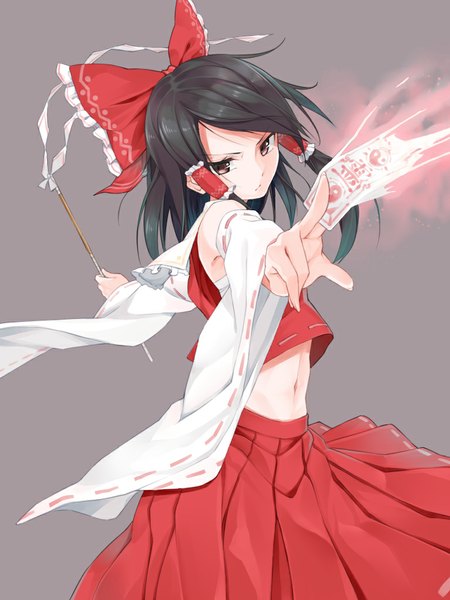 Anime picture 768x1024 with touhou hakurei reimu ginopi single long hair tall image looking at viewer black hair simple background red eyes standing twintails bare shoulders grey background bare belly outstretched arm spread arms girl skirt navel