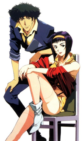 Anime picture 1032x1718 with cowboy bebop sunrise (studio) faye valentine spike spiegel tall image short hair simple background smile white background sitting green eyes blue hair green hair girl boy necktie hairband chair
