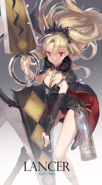 Anime picture 600x1081 with fate (series) fate/grand order ereshkigal (fate) ritsuki single long hair tall image breasts light erotic blonde hair red eyes cleavage wind two side up character names girl weapon detached sleeves cape tiara