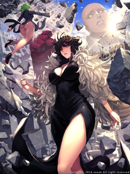 Anime picture 2000x2667 with one-punch man madhouse tatsumaki fubuki (one-punch man) saitama (one-punch man) xaxak tall image looking at viewer highres short hair breasts light erotic black hair multiple girls green eyes ass green hair destruction bald girl