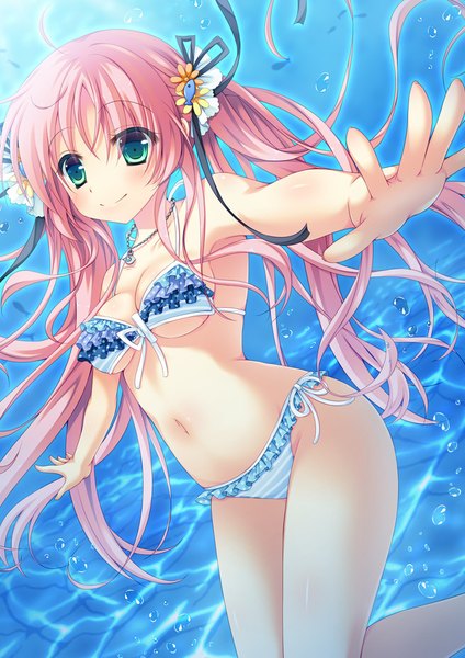 Anime picture 827x1169 with original furukawa lemon single long hair tall image blush blue eyes light erotic smile twintails pink hair underwater girl navel ribbon (ribbons) swimsuit hair ribbon bikini bubble (bubbles)