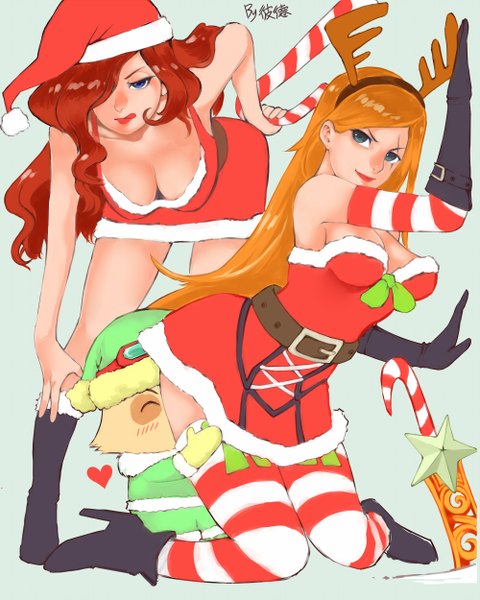 Anime picture 1000x1250 with league of legends katarina (league of legends) miss fortune (league of legends) teemo (league of legends) bide long hair tall image blush fringe blue eyes multiple girls horn (horns) hair over one eye orange hair fur trim christmas scar merry christmas girl thighhighs