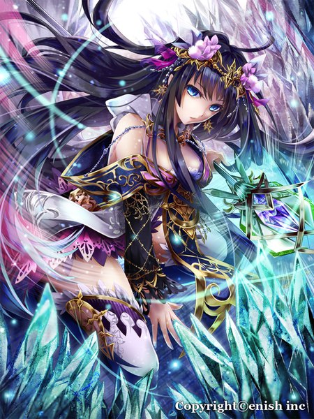 Anime picture 750x1000 with dragon tactics original tyouya single long hair tall image looking at viewer fringe breasts blue eyes light erotic black hair twintails bare shoulders holding signed cleavage ahoge bent knee (knees) nail polish