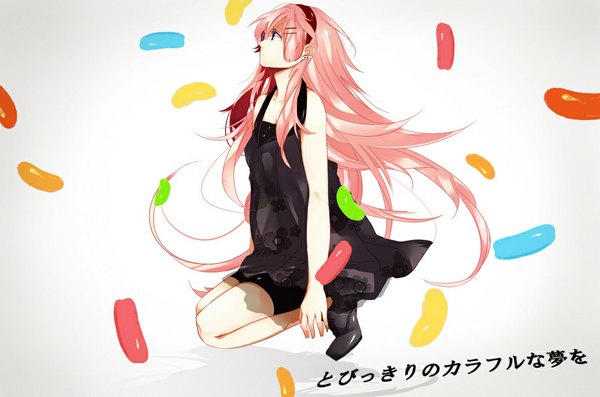 Anime picture 1024x678 with vocaloid megurine luka hatsuko long hair pink hair profile girl dress boots hairband black dress