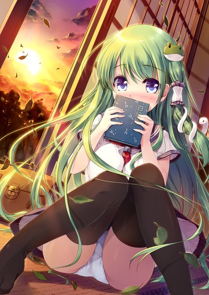 Anime picture 628x886 with touhou kochiya sanae miyase mahiro single long hair tall image looking at viewer blush fringe light erotic hair between eyes sitting purple eyes holding sky cloud (clouds) bent knee (knees) indoors green hair blurry