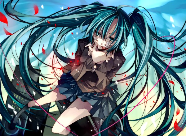 Anime picture 1500x1100 with vocaloid rolling girl (vocaloid) hatsune miku tsukioka tsukiho single long hair fringe blue eyes twintails bent knee (knees) pleated skirt aqua hair tears crying bandaid on face choking girl skirt shirt petals