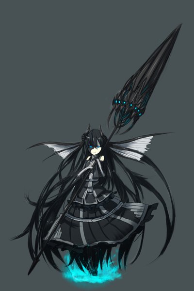 Anime picture 2000x3000 with original ganesagi single tall image looking at viewer highres blue eyes black hair simple background standing bare shoulders very long hair horn (horns) grey background animal eyes girl dress gloves weapon wings