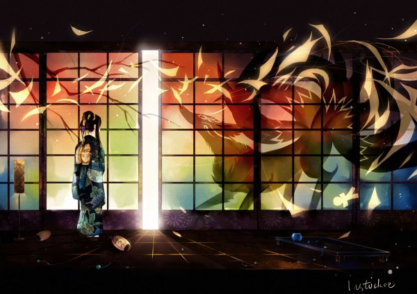 Anime picture 1200x849 with instockee brown hair indoors japanese clothes from behind shadow light girl petals kimono sliding doors fox japanese house shouji