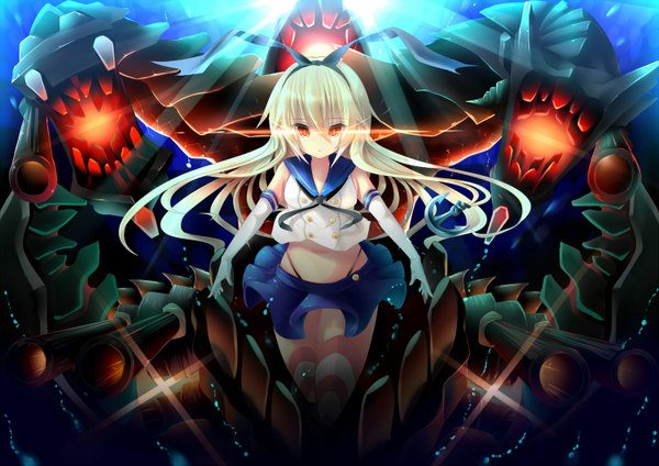 Anime picture 1500x1060 with kantai collection shimakaze destroyer silyouta1120 single long hair looking at viewer fringe blonde hair red eyes bare belly zettai ryouiki glowing glowing eye (eyes) girl thighhighs skirt gloves underwear panties ribbon (ribbons)