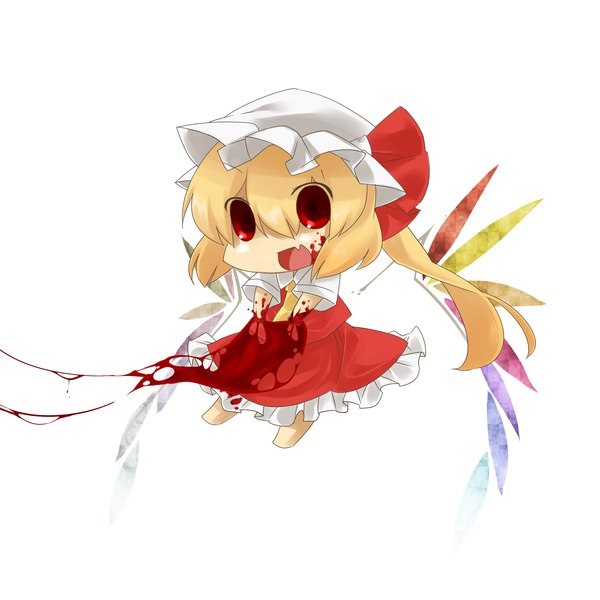 Anime picture 1800x1800 with touhou flandre scarlet eiri (eirri) single fringe highres short hair simple background blonde hair hair between eyes red eyes white background full body fang (fangs) one side up chibi amputee girl bow hat