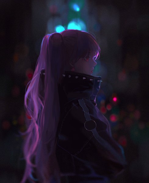 Anime picture 3000x3678 with original moss (2225028) single long hair tall image fringe highres red eyes twintails looking away purple hair outdoors profile lips blurry lipstick portrait pink lipstick city lights girl
