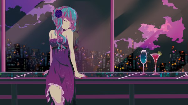 Anime picture 3000x1683 with vocaloid hatsune miku marirero a single long hair highres wide image bare shoulders purple hair cloud (clouds) eyes closed nail polish multicolored hair hair flower aqua hair city cityscape alternate hairstyle city lights red nail polish