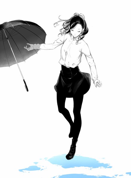 Anime picture 1000x1364 with original sousou (sousouworks) single long hair tall image black hair white background full body eyes closed light smile girl skirt shirt pantyhose water shoes umbrella puddle