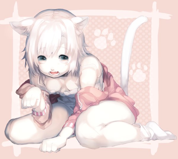 Anime picture 984x882 with original jiezili single looking at viewer fringe short hair breasts open mouth light erotic sitting bare shoulders animal ears bent knee (knees) white hair tail animal tail cat ears teeth cat tail fang (fangs)