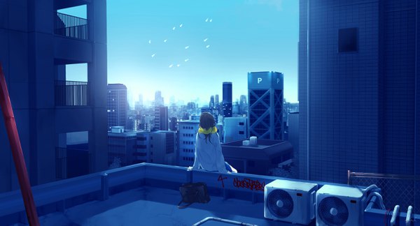 Anime picture 2550x1378 with original maeda-mic single long hair highres brown hair wide image sitting outdoors from behind arm support city scar cityscape girl building (buildings) bag