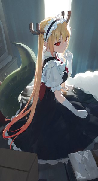 Anime picture 1500x2761 with kobayashi-san chi no maidragon kyoto animation tooru (maidragon) modare single tall image fringe blonde hair hair between eyes red eyes twintails tail very long hair horn (horns) puffy sleeves dragon girl dragon tail girl gloves elbow gloves