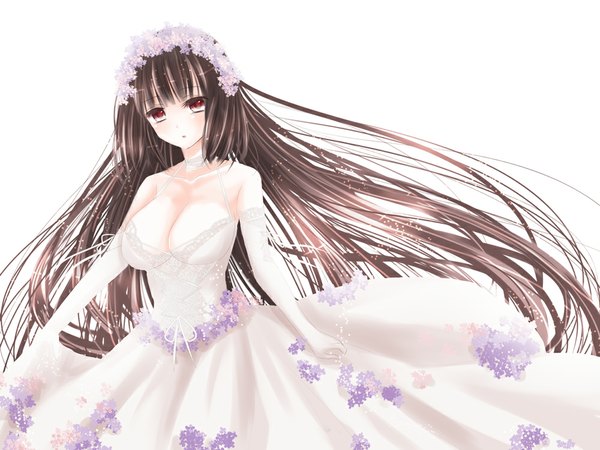 Anime picture 1000x750 with original hiroharu single long hair breasts light erotic black hair simple background red eyes large breasts white background bare shoulders cleavage girl dress gloves elbow gloves white dress