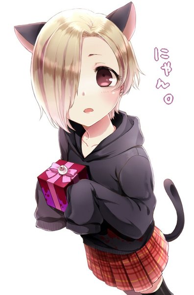 Anime picture 621x941 with idolmaster idolmaster cinderella girls shirasaka koume yuurinmoku single tall image blush fringe short hair open mouth blonde hair simple background white background brown eyes animal ears tail long sleeves animal tail from above cat ears