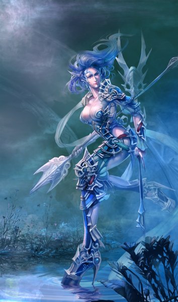 Anime picture 1500x2540 with xiaobotong single long hair tall image breasts blue eyes light erotic holding blue hair realistic high heels dual wielding girl hair ornament flower (flowers) ribbon (ribbons) weapon water armor spear