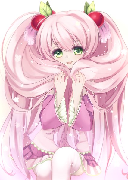 Anime picture 1416x2000 with vocaloid hatsune miku sakura miku taneko (puua) single long hair tall image looking at viewer open mouth twintails green eyes pink hair girl thighhighs skirt miniskirt white thighhighs food berry (berries) cherry