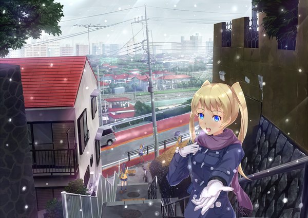 Anime picture 2046x1446 with original kazeno long hair highres open mouth blue eyes blonde hair twintails outstretched arm city girl gloves scarf power lines