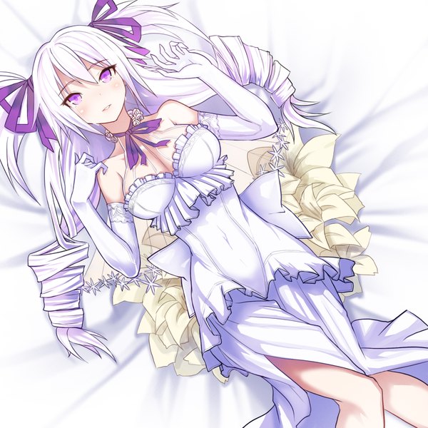 Anime picture 1800x1800 with original ddddddd single long hair looking at viewer blush highres breasts light erotic purple eyes twintails white hair lying drill hair girl dress gloves ribbon (ribbons) hair ribbon elbow gloves