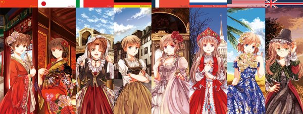 Anime picture 2248x850 with axis powers hetalia studio deen united kingdom (hetalia) japan (hetalia) america (hetalia) russia (hetalia) china (hetalia) germany (hetalia) north italy (hetalia) france (hetalia) iroha (milktea4039) long hair highres short hair open mouth blue eyes black hair blonde hair smile brown hair