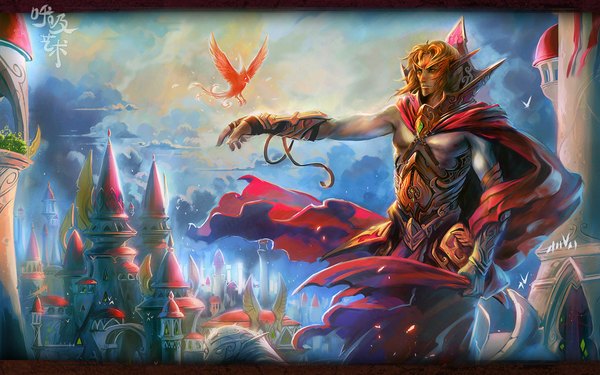 Anime picture 1024x640 with world of warcraft blizzard entertainment blood elf long hair blonde hair wide image green eyes sky cloud (clouds) cityscape boy gloves elbow gloves armor cloak crystal castle phoenix