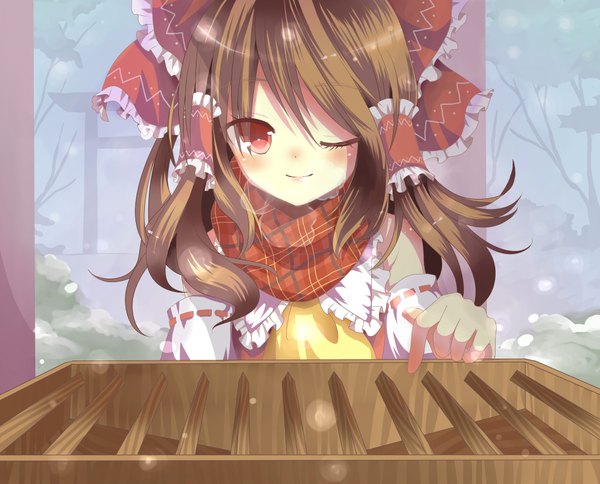 Anime picture 4092x3307 with touhou hakurei reimu sachi (artist) single long hair blush highres brown hair brown eyes absurdres one eye closed wink girl bow hair bow detached sleeves scarf