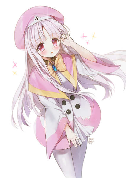 Anime picture 1000x1412 with chrono crusade gonzo azmaria hendric haruri single long hair tall image looking at viewer blush fringe highres open mouth simple background white background white hair blunt bangs pink eyes from above wind wide sleeves