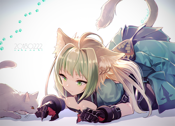 Anime picture 974x700 with fate (series) fate/grand order fate/apocrypha atalanta (fate) miyuki ruria single long hair fringe breasts blonde hair smile green eyes signed animal ears payot looking away cleavage ahoge tail braid (braids)