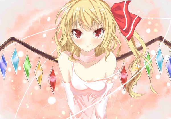 Anime picture 3543x2480 with touhou flandre scarlet wenhe blush highres short hair blonde hair smile red eyes absurdres one side up girl wings
