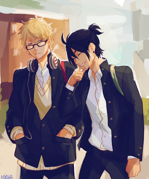 Anime picture 1280x1539 with haikyuu!! production i.g tsukishima kei yamaguchi tadashi viria13 tall image short hair black hair standing brown eyes eyes closed multiple boys finger to mouth walking hands in pockets freckles laughing boy uniform school uniform