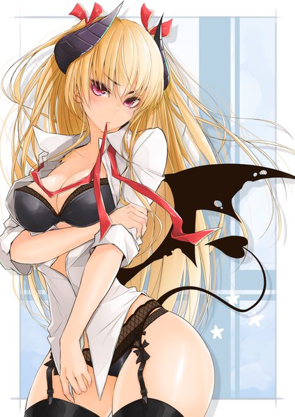 Anime picture 1000x1414 with original maru-pen single long hair tall image looking at viewer blush fringe breasts light erotic simple background blonde hair standing twintails holding tail head tilt pink eyes horn (horns) open shirt