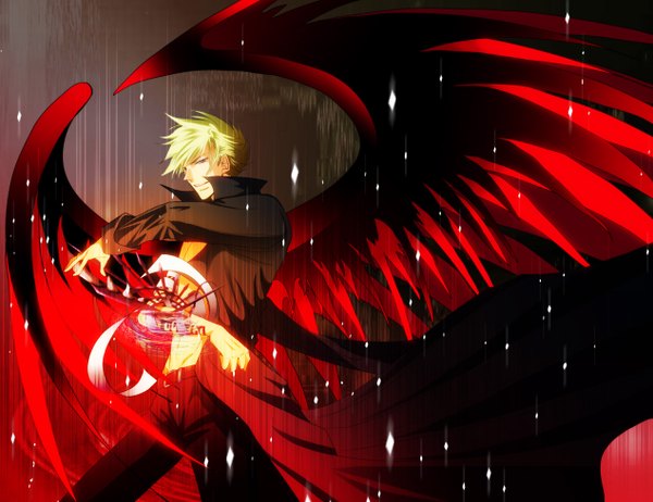 Anime picture 1268x978 with 07-ghost studio deen frau momo tsuitta short hair blonde hair open clothes boy wings pants cloak