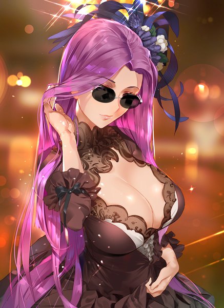 Anime picture 874x1200 with fate (series) fate/stay night rider yd (orange maru) single long hair tall image looking at viewer breasts light erotic smile signed cleavage purple hair upper body arm up blurry alternate costume huge breasts lens flare