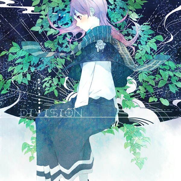 Anime picture 1000x1000 with original yamato (aoiaoiao921) single long hair blush fringe sitting pink hair sky profile pink eyes wind inscription night night sky striped girl skirt plant (plants) scarf