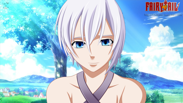 Anime picture 1280x720 with fairy tail lisanna strauss 132jester single short hair blue eyes wide image sky cloud (clouds) white hair light smile sunlight inscription coloring mountain face girl plant (plants) tree (trees) house