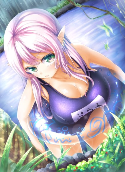 Anime picture 1000x1372 with original cyanomirahi single long hair tall image looking at viewer blush breasts light erotic large breasts green eyes pink hair pointy ears elf girl swimsuit plant (plants) tree (trees) water grass