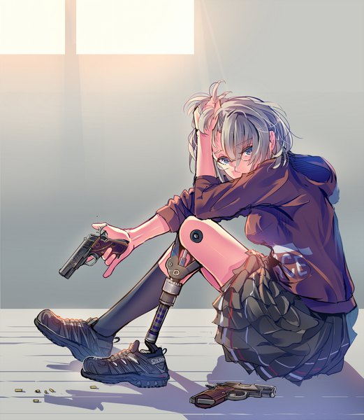 Anime picture 869x1000 with original daito (daito369) single tall image looking at viewer fringe short hair blue eyes hair between eyes sitting holding full body pleated skirt grey hair grey background shadow adjusting hair floor mechanical girl