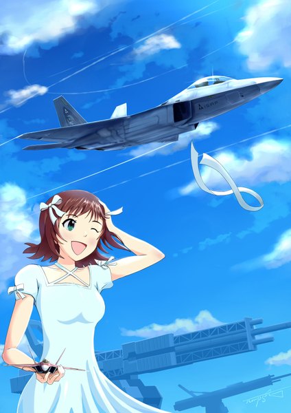 Anime picture 2480x3508 with idolmaster ace combat amami haruka thompson tall image highres short hair open mouth blue eyes brown hair signed sky cloud (clouds) one eye closed wind wink flying girl dress ribbon (ribbons)